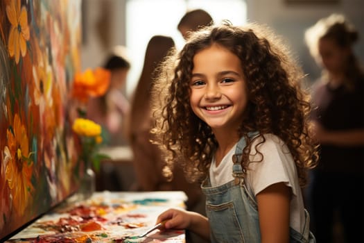 Little artist smiles and confidently paints a picture in an art studio.Curly Girl with paints at an easel