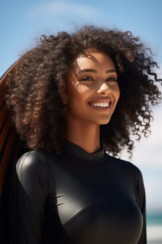 Happy attractive smiling mixed race woman standing with her surfboard on the beach on a sunny day with the sea in the background