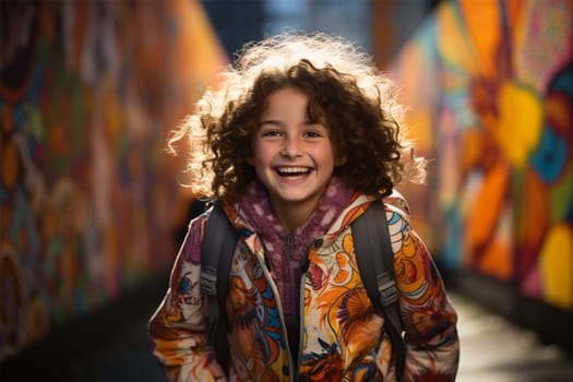 portrait of a cheerful schoolgirl in a bright jacket with curly hair running towards her against the background of a painted wall