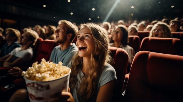 spectators in the cinema sit and watch the film with enthusiasm and attention and laugh