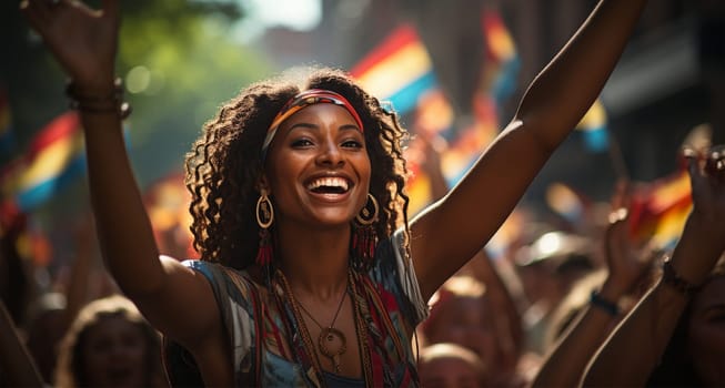 portrait of people at the Parade. demonstrators wave American flags and walk along the avenue during the parade.Generative AI