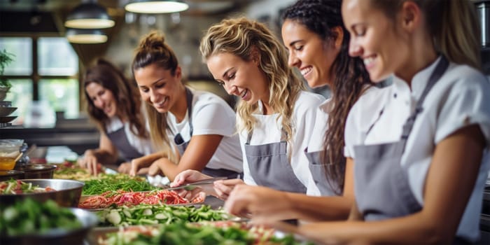 cooking lesson, friendship, food and people concept - happy women preparing and decorating plates with dishes in the kitchen at a master class.