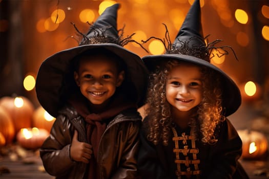 little witches in costumes and hats with candles and pumpkins at night on Halloween, children's Halloween, dark background