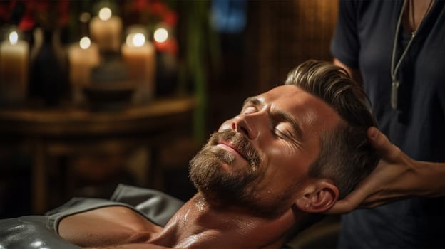 young well-groomed man client of a spa salon receiving a massage procedure .Generative AI