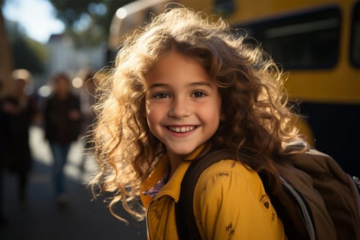 cheerful schoolgirl on a blurred background of a bus. Back to school. Generative AI