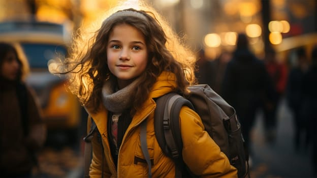 cheerful schoolgirl on a blurred background of a bus. Back to school. Generative AI