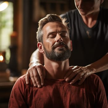 a man massages his husband's shoulders after a working day.Generative AI