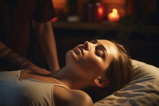 Young Beautiful woman enjoying massage in beauty salon or luxury spa resort. Generative AI
