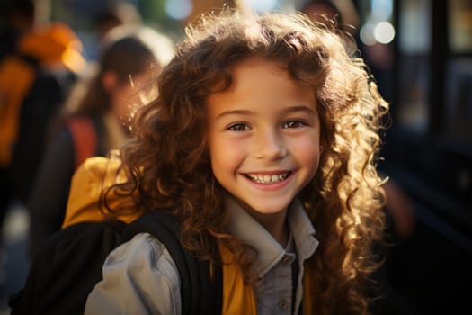 cheerful schoolgirl on a blurred background of a bus. Back to school. Generative AI