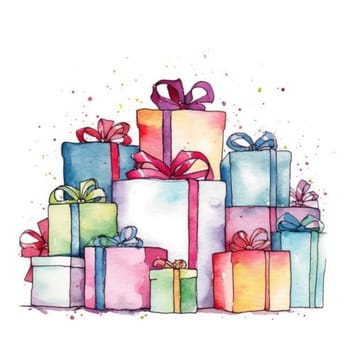 Cartoon pile of Christmas and birthday gifts in colorful gift boxes on a white background in watercolor style. Bright holiday boxes for gifts or congratulations.copy space. free space for text.Generative AI