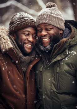 happy african american couple in winter park or forest.Generative AI