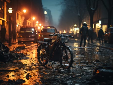 the consequence of a collision between a bicycle and a car on the road during riots on the streets. fragments on a wet road. road safety and life insurance concept.Generative AI