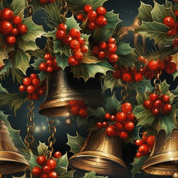 Christmas seamless pattern with bells on a dark green background .pattern for wallpaper, wrapping paper or fabric. Generative AI