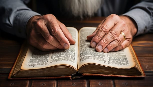 wrinkled hands of an elderly man holding an open book on the table.Generative AI