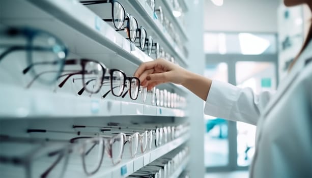 An ophthalmologist puts glasses frames on a shelf in an optical store. Generative AI