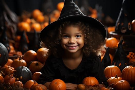 little witch in a costume and hat with pumpkins at night for Halloween, children's Halloween, dark background.Generative AI