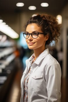 an ophthalmologist against the background of stands in the hall of an optics store with display cases of eyeglass frames. Generative AI