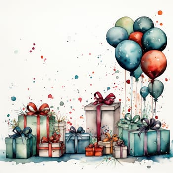 Cartoon pile of Christmas and birthday gifts in colorful gift boxes in watercolor style. Bright holiday boxes for gifts or congratulations.copy space. free space for text