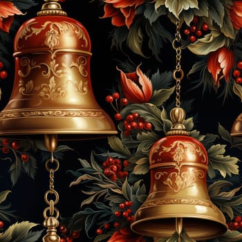 Christmas seamless pattern with bells on a dark green background .pattern for wallpaper, wrapping paper or fabric. Generative AI