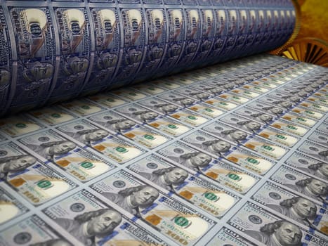 A shaft of a printing press and a ribbon with the image of dollars. 3D visualization