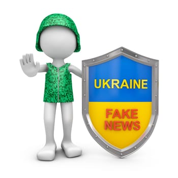 A soldier in a helmet at the shield with the inscription - fake news. 3D rendering.