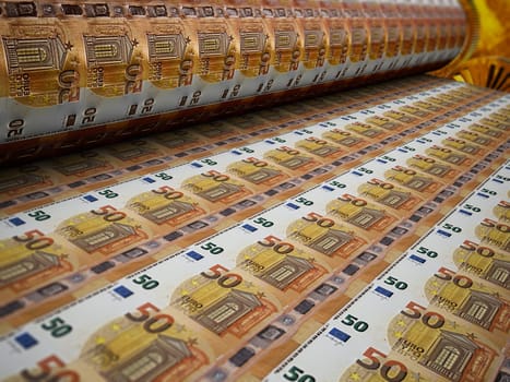 A shaft of a printing press and a ribbon with the image of euro banknotes.  3D render.