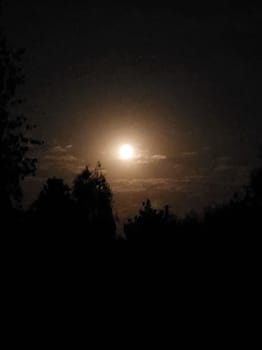 Night moon in the clouds over a the village