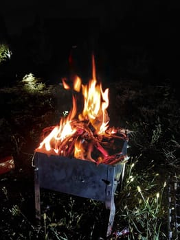 Fire burns in the barbecue at the night