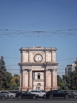 Triumphal Arch in Chisinau the capital Moldova. View  to the landmark from the street