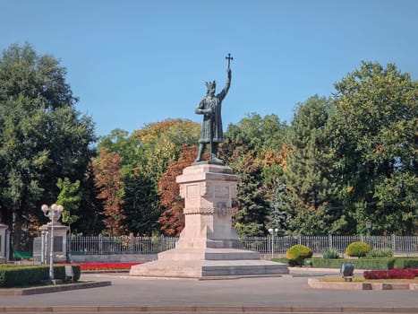 Stephen the Great monument in front of the central park in a sunny autumn day, Chisinau city, Moldova