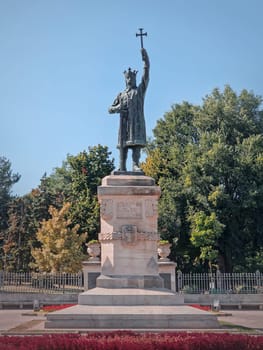 Stephen the Great (Stefan cel Mare) monument in front of the central park in a sunny autumn day, Chisinau city, Moldova