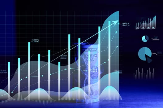 Roll of one hundred dollar bills tied with a rope and a graph with rising rates. Income growth concept, high margin, profitable business