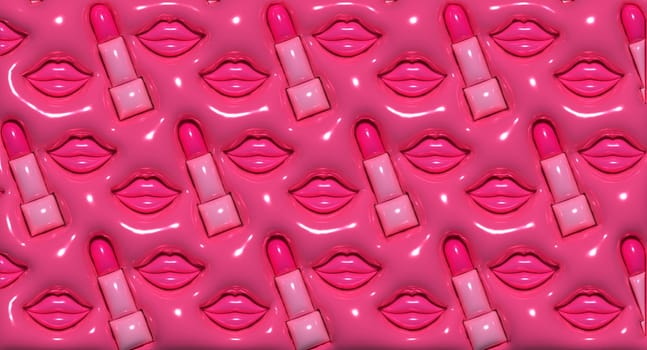 Pink lipstick and pink lips on a pink background, repeating pattern. 3D rendering illustration