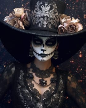 Woman with sugar skull make-up wearing a hat with flowers. close-up.Dia de los muertos, mexican holiday of the dead. Generative AI