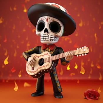 a skeleton with a Mexican sombrero plays the guitar in flowers, on a blurred background