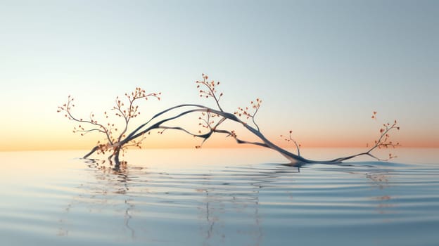 a thin graceful branch is reflected in the clear water of a pond on a foggy morning.