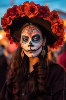 close-up young woman with make-up at the festival Day of the Dead - Dia de los Muertos, a holiday dedicated to the memory of the dead.against the backdrop of illumination.