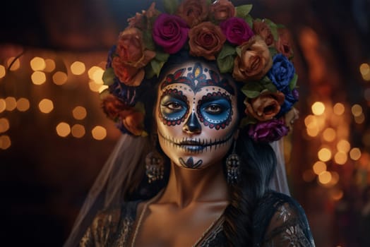close-up young woman with make-up at the festival Day of the Dead - Dia de los Muertos, a holiday dedicated to the memory of the dead.against the backdrop of illumination.