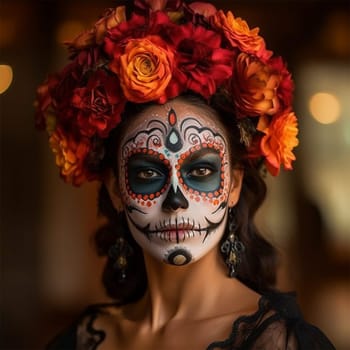 close-up young woman with make-up at the festival Day of the Dead - Dia de los Muertos, a holiday dedicated to the memory of the dead.against the backdrop of illumination.