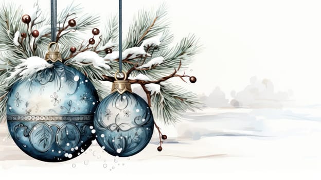blue balls hanging on a Christmas tree branch covered with snow. Christmas background on a greeting card in watercolor style. free space for text. copy space