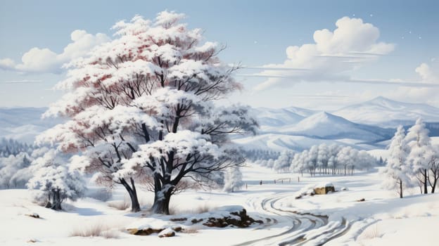 winter landscape with snowy fir trees against the backdrop of mountains in the distance. Christmas concept.