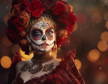 close-up young woman with make-up at the festival Day of the Dead - Dia de los Muertos, a holiday dedicated to the memory of the dead.against the backdrop of illumination.