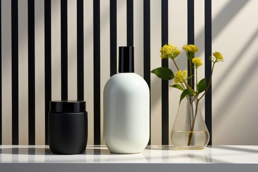 Cosmetic glass bottle of luxury product black and white design on graphic background. product presentation, demonstration of cosmetic products. Modern stylish bottle