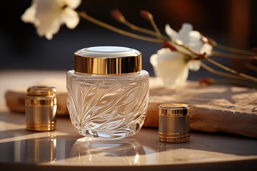 Cosmetic crystal bottle inlaid with gold of a luxury product with white fresh flowers. product presentation, demonstration of cosmetic products. Modern stylish luxury bottle