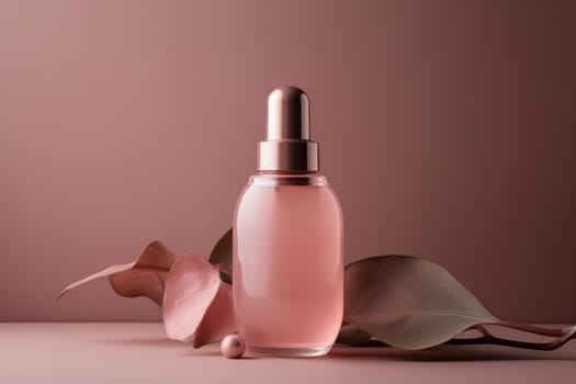pink bottle with cosmetic or perfume products on a background of tea rose color