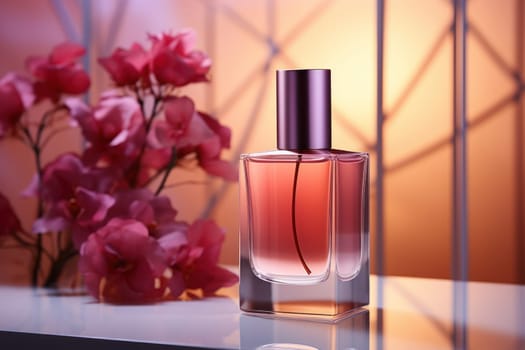 Cosmetic glass bottle of luxury product red design on a bright background with a bouquet of flowers. product presentation, demonstration of cosmetic products. Modern stylish bottle