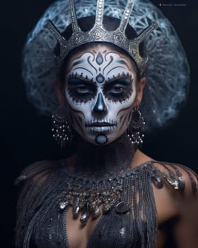 Woman with sugar skull makeup with jewelry. close-up.Dia de los muertos, mexican holiday of the dead Generative AI