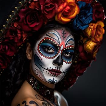 close-up young woman with make-up at the festival Day of the Dead - Dia de los Muertos (Day of the dead) - a holiday dedicated to the memory of the dead.on a dark background .generative Ai