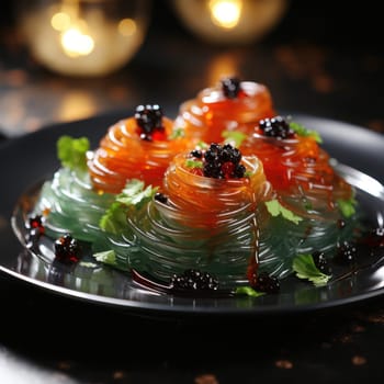dishes made from colored funchose decorated with black caviar in the shape of a blackberry and decorated with sprigs of greenery.