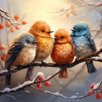 cute bright birds on a branch with a red berry in the winter under the snow.